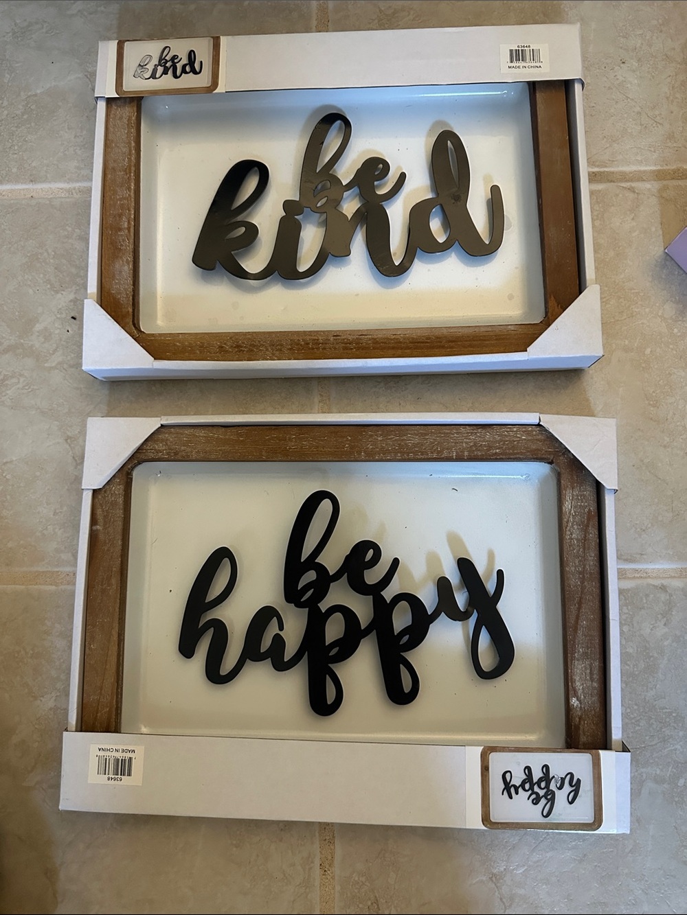 Be Happy / Be Kind Wall Art Set - Black Script with Wood Frame